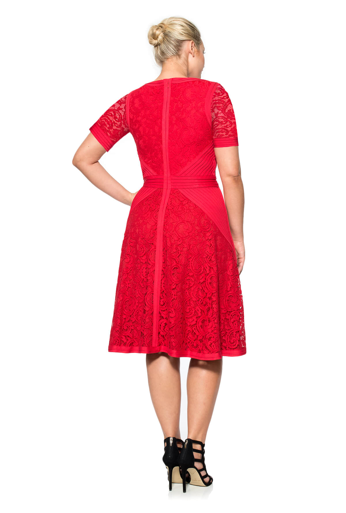 Lace V-Neck Dress with Pintuck Jersey Piping
