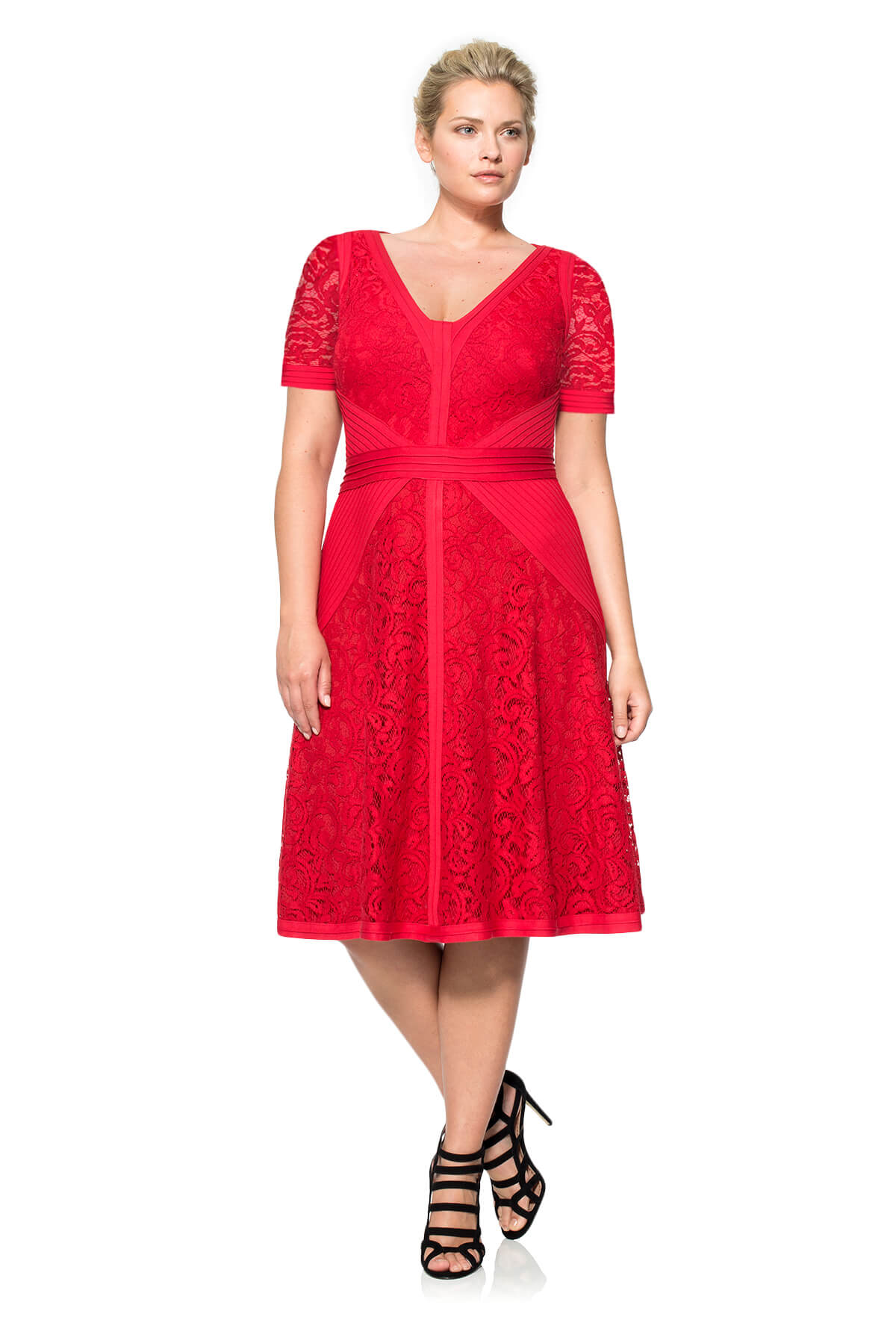 Lace V-Neck Dress with Pintuck Jersey Piping