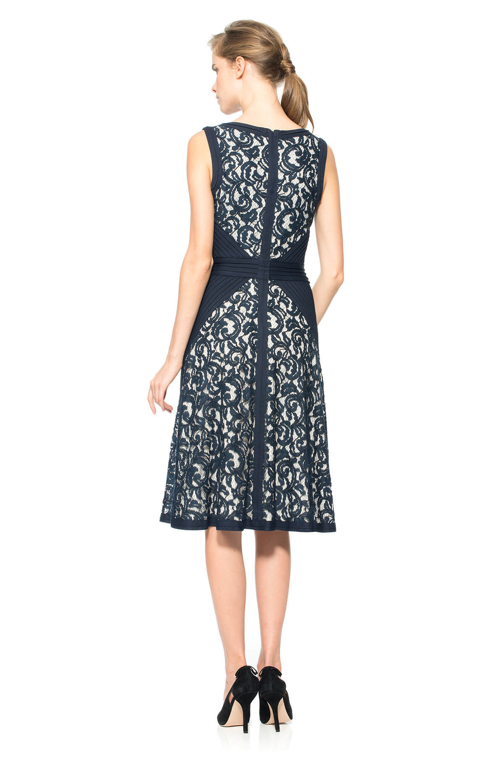 Lace V-Neck Dress with Pintuck Jersey Piping