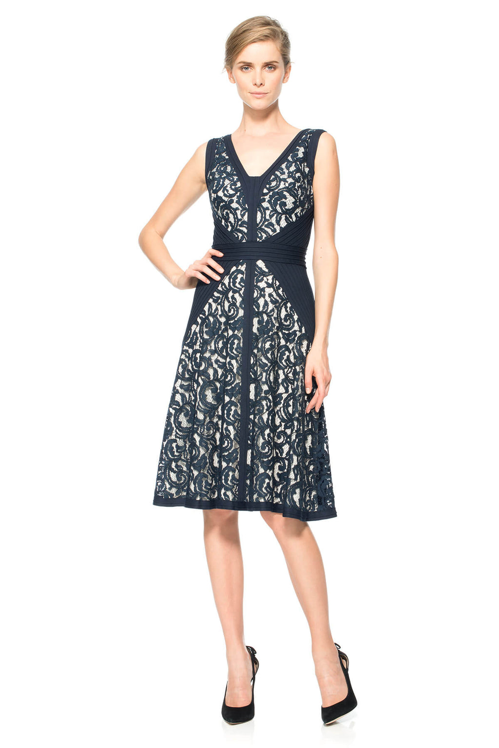 Lace V-Neck Dress with Pintuck Jersey Piping