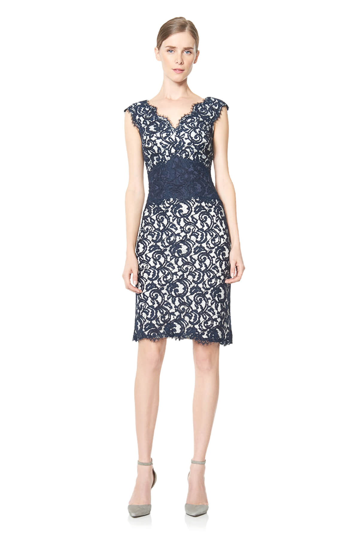 Tadashi Shoji - Embroidered Lace Contrast Waist V-Neck Sheath Dress