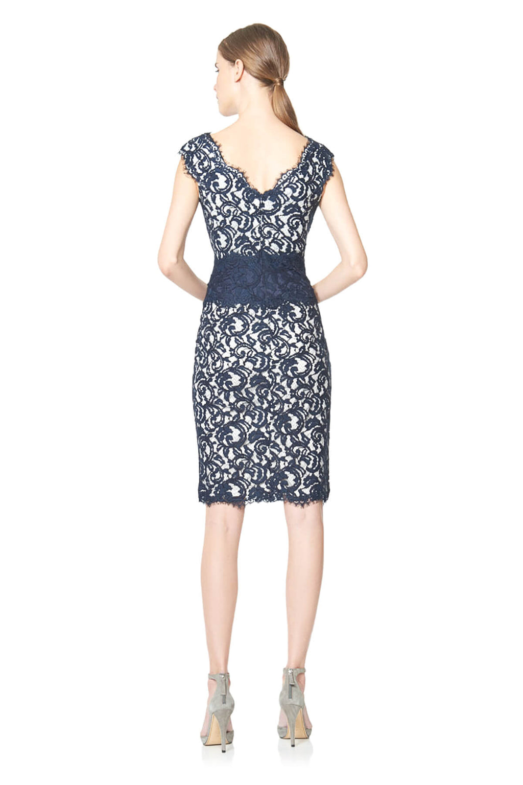 Tadashi Shoji - Embroidered Lace Contrast Waist V-Neck Sheath Dress