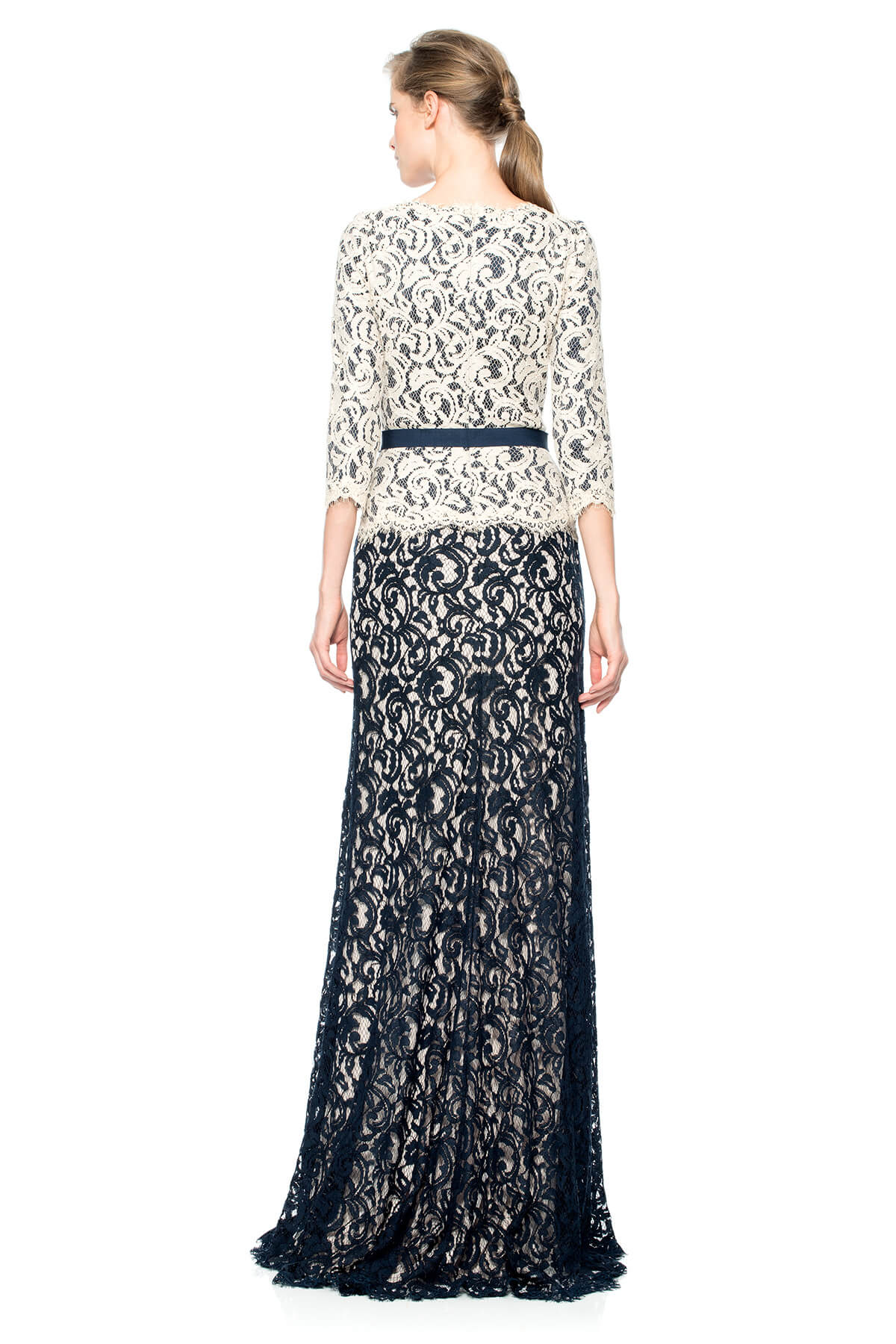 Lace ¾ Sleeve V-Neck Gown with Grosgrain Ribbon Belt