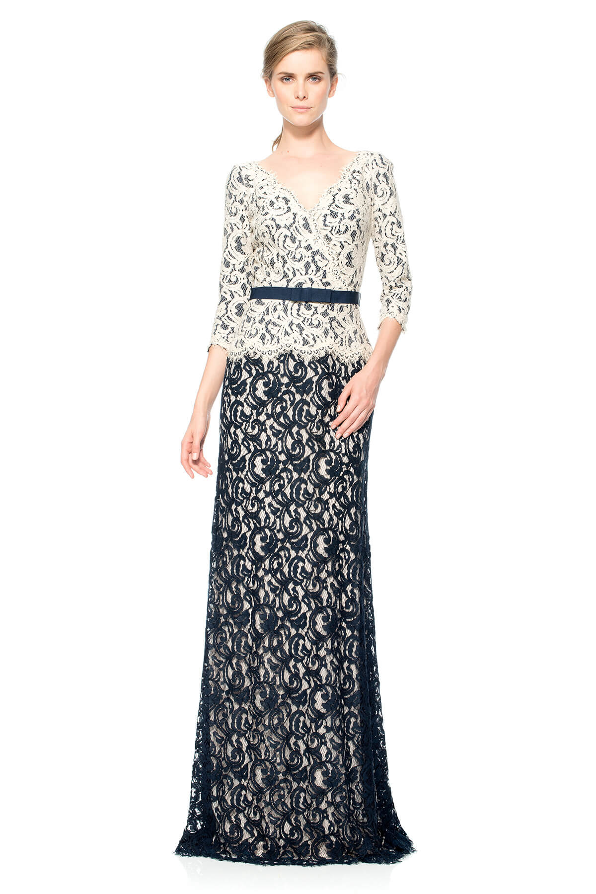 Lace ¾ Sleeve V-Neck Gown with Grosgrain Ribbon Belt