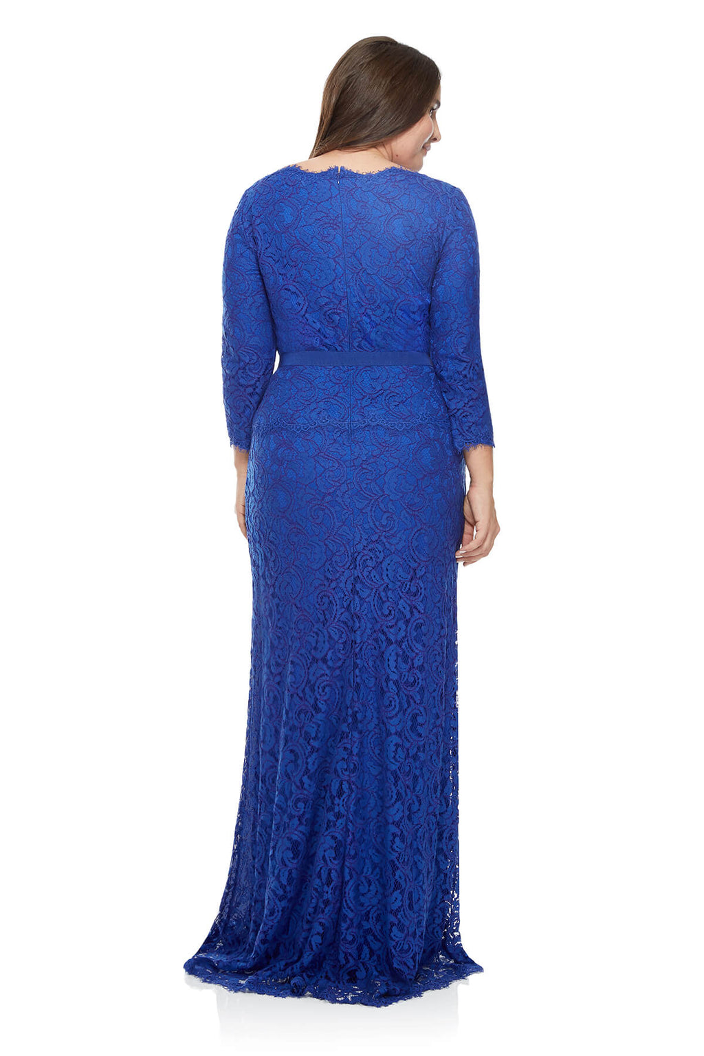 Tadashi Shoji Plus Size - Lace _ Sleeve V-Neck Gown with Grosgrain Ribbon Belt 