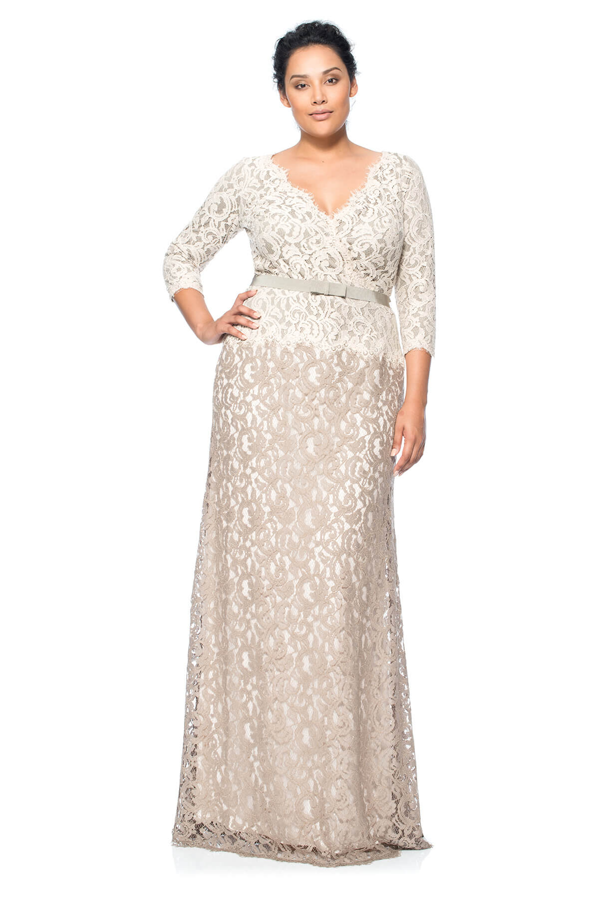 Tadashi Shoji Plus Size - Lace 3/4 Sleeve V-Neck Gown with Grosgrain Ribbon Belt
