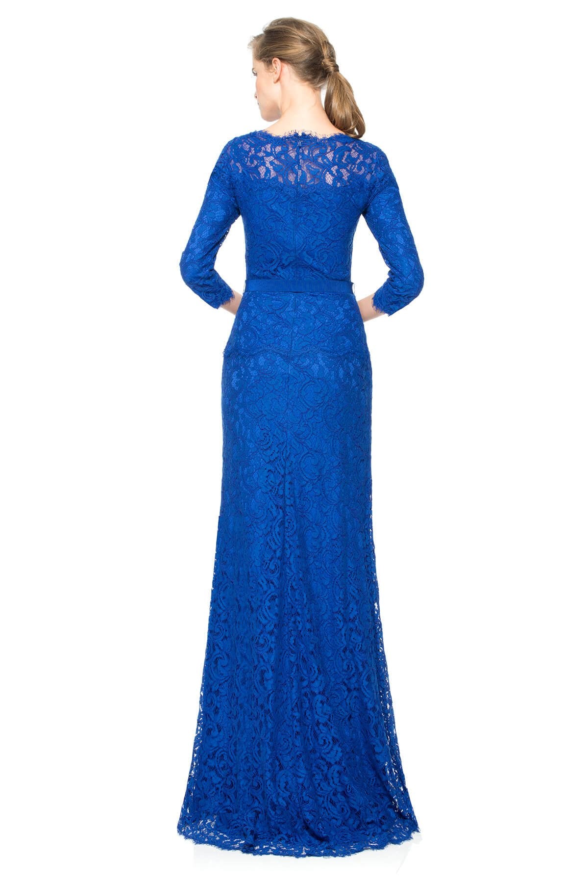 Illusion Lace  Sleeve Gown with Grosgrain Ribbon Belt  Tadashi Shoji  Official Online Boutique