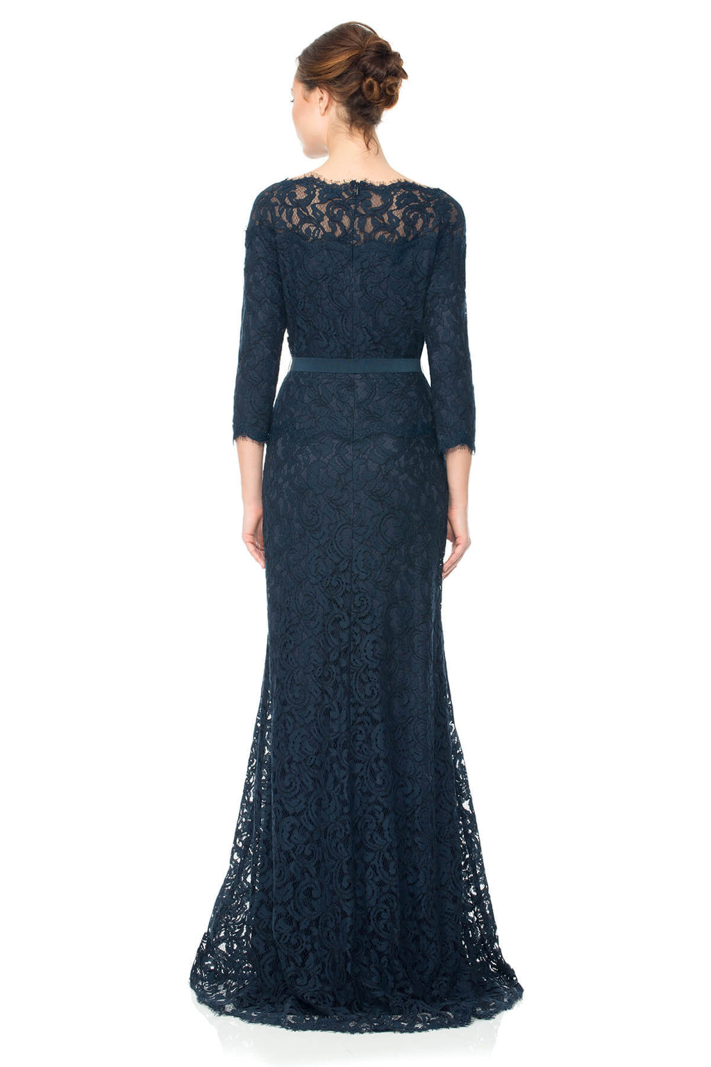Tadashi Shoji - Illusion Lace _ Sleeve Gown with Grosgrain Ribbon Belt