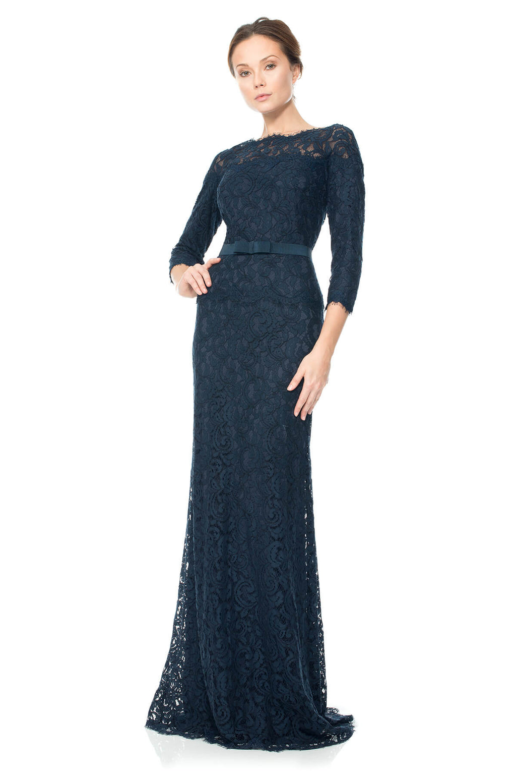 Tadashi Shoji - Illusion Lace _ Sleeve Gown with Grosgrain Ribbon Belt