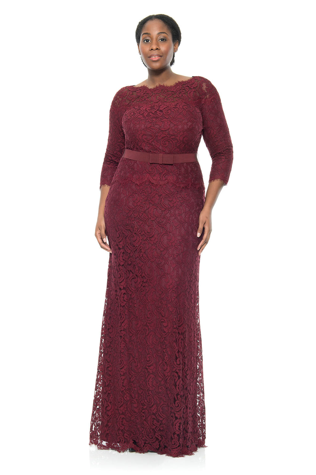 Tadashi Shoji Plus Size - Illusion Lace 3/4 Sleeve Gown with Grosgrain Ribbon Belt