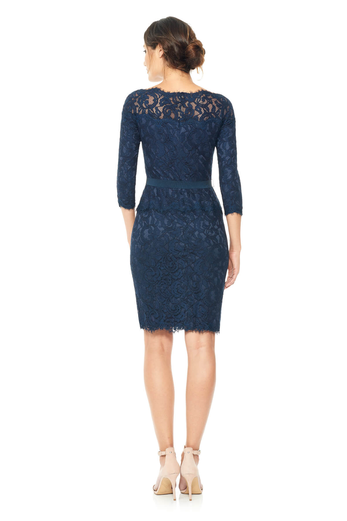 Tadashi Shoji Petite Size - Illusion Lace 3/4 Sleeve Dress with Grosgrain Ribbon Belt