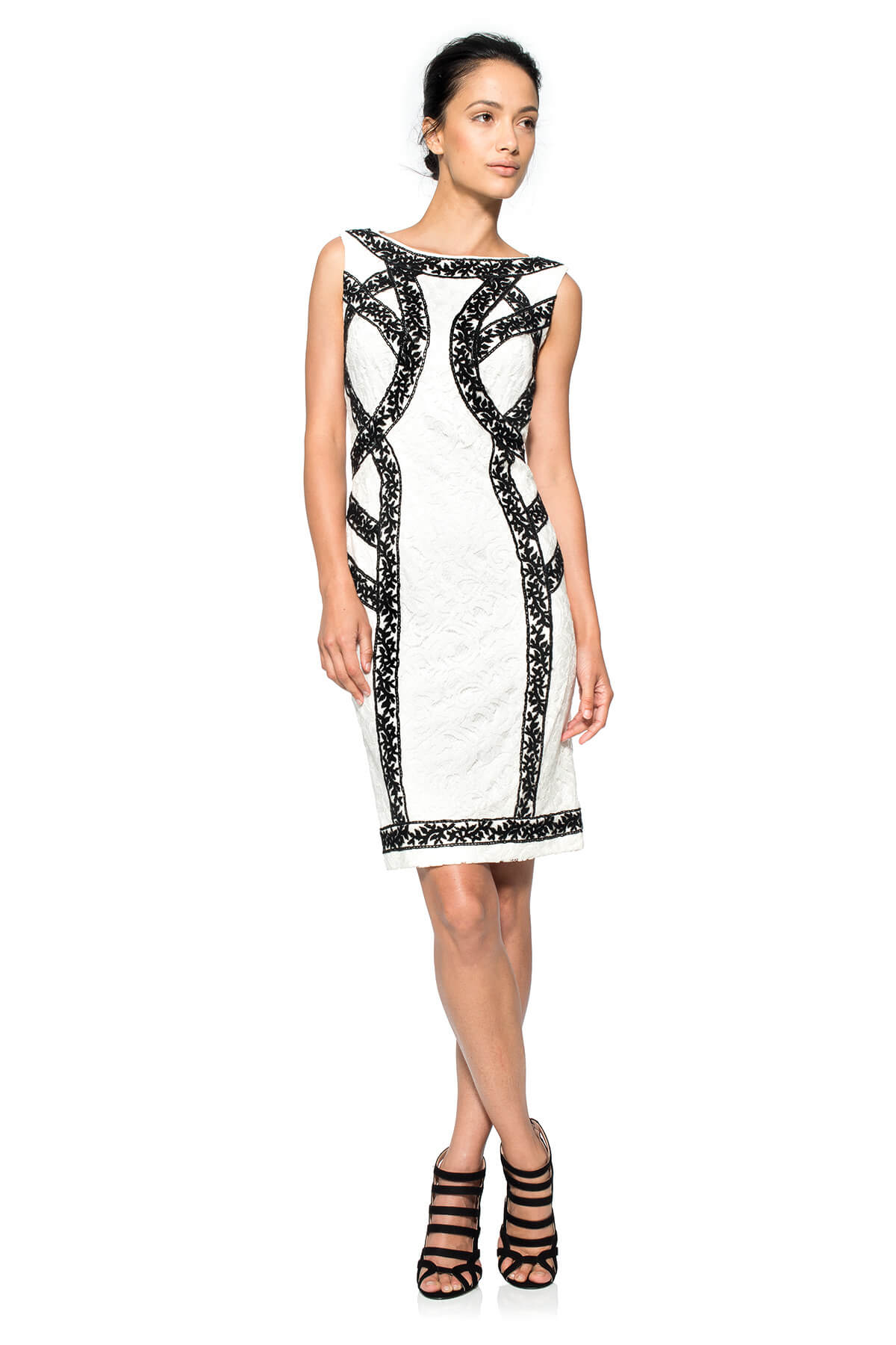 Boatneck Banded Lace Dress in Black / Ivory