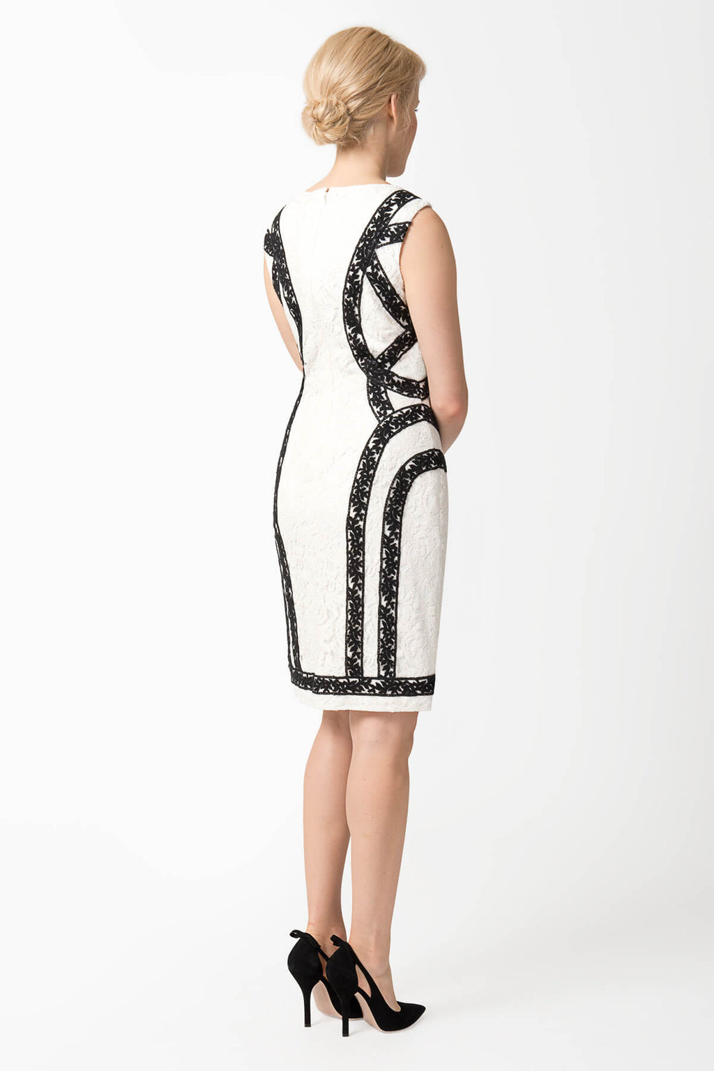 Boatneck Banded Lace Dress in Black / Ivory