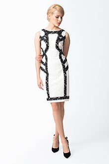Boatneck Banded Lace Dress in Black / Ivory