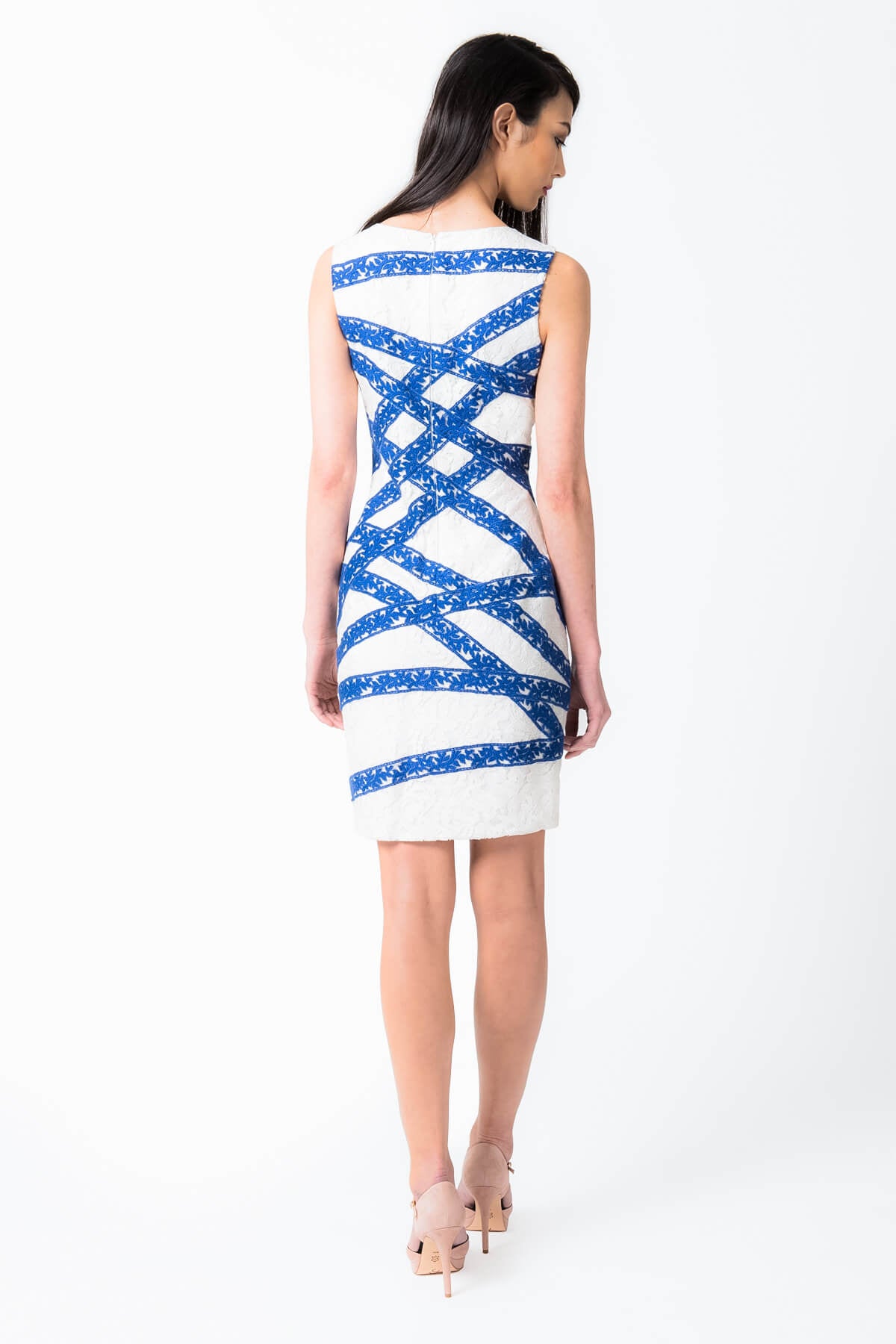 Asymmetric Banded Lace Dress in Blue Lagoon / Ivory