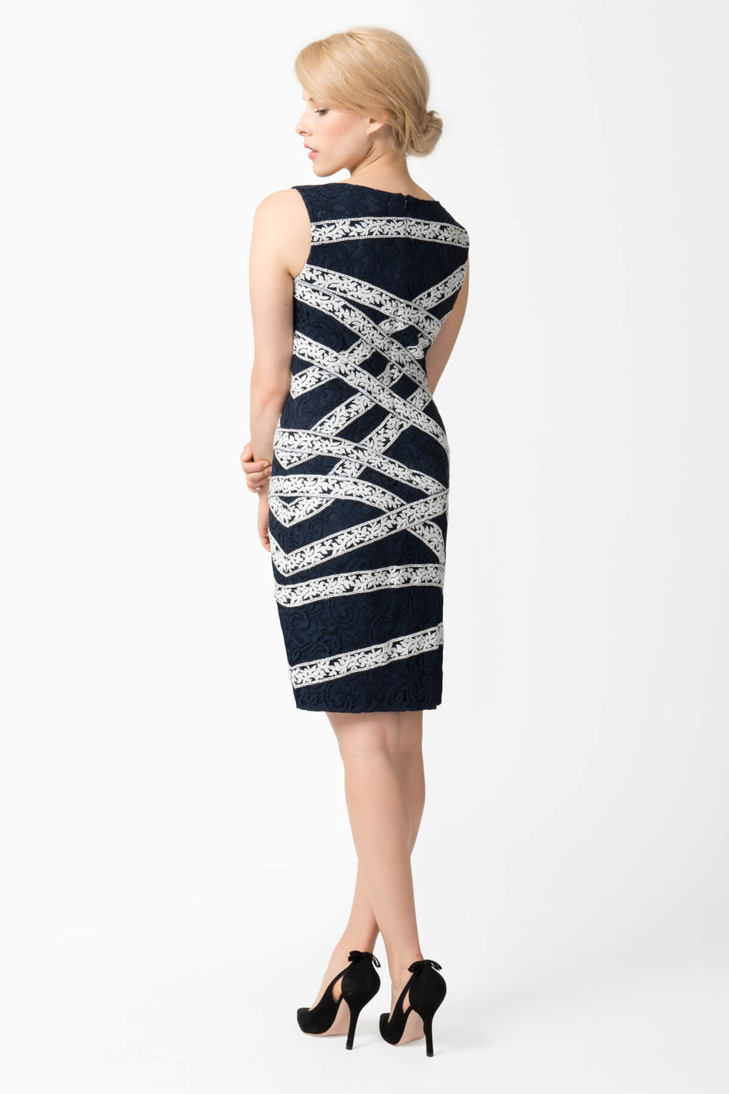 Asymmetric Banded Lace Dress in Navy / Ivory