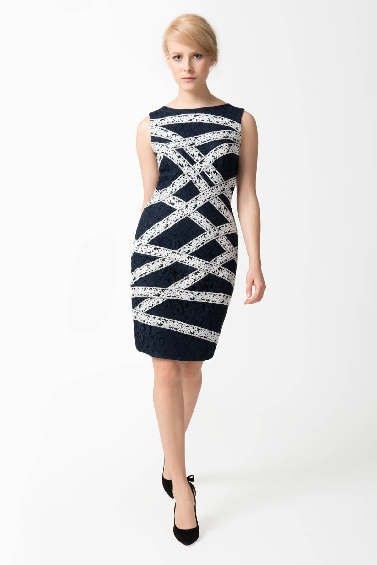 Asymmetric Banded Lace Dress in Navy / Ivory