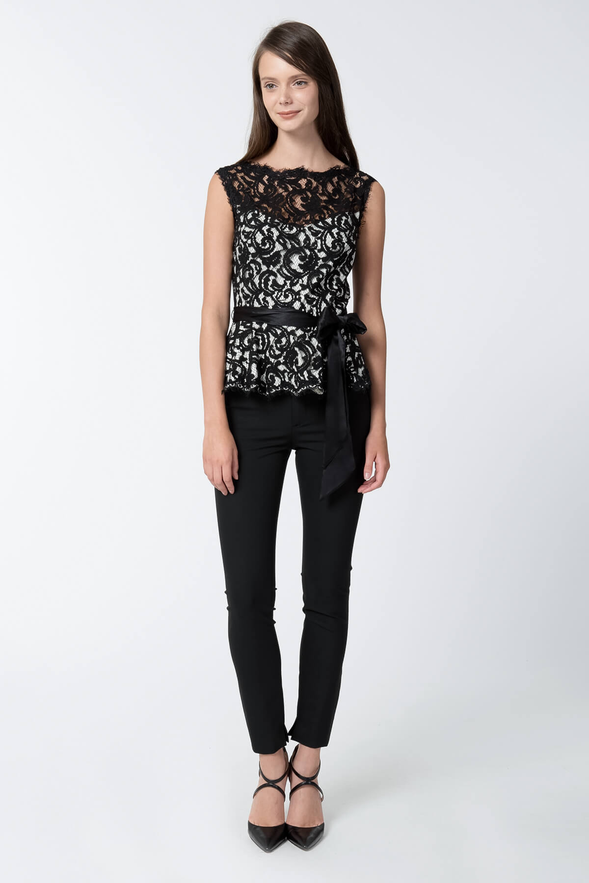 Lace Peplum Top in Black / Ivory