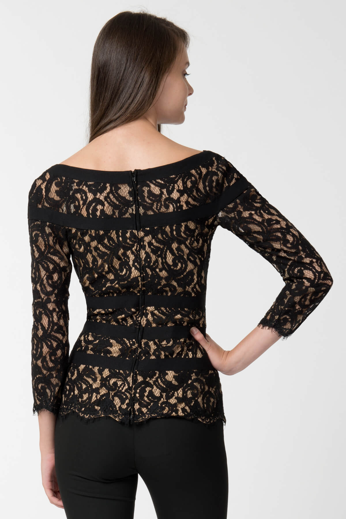 Lace 3/4 Sleeve Top in Black / Nude