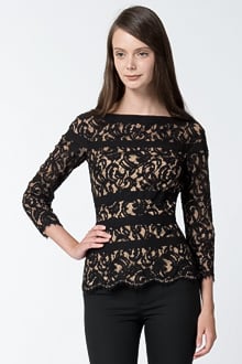 Lace 3/4 Sleeve Top in Black / Nude