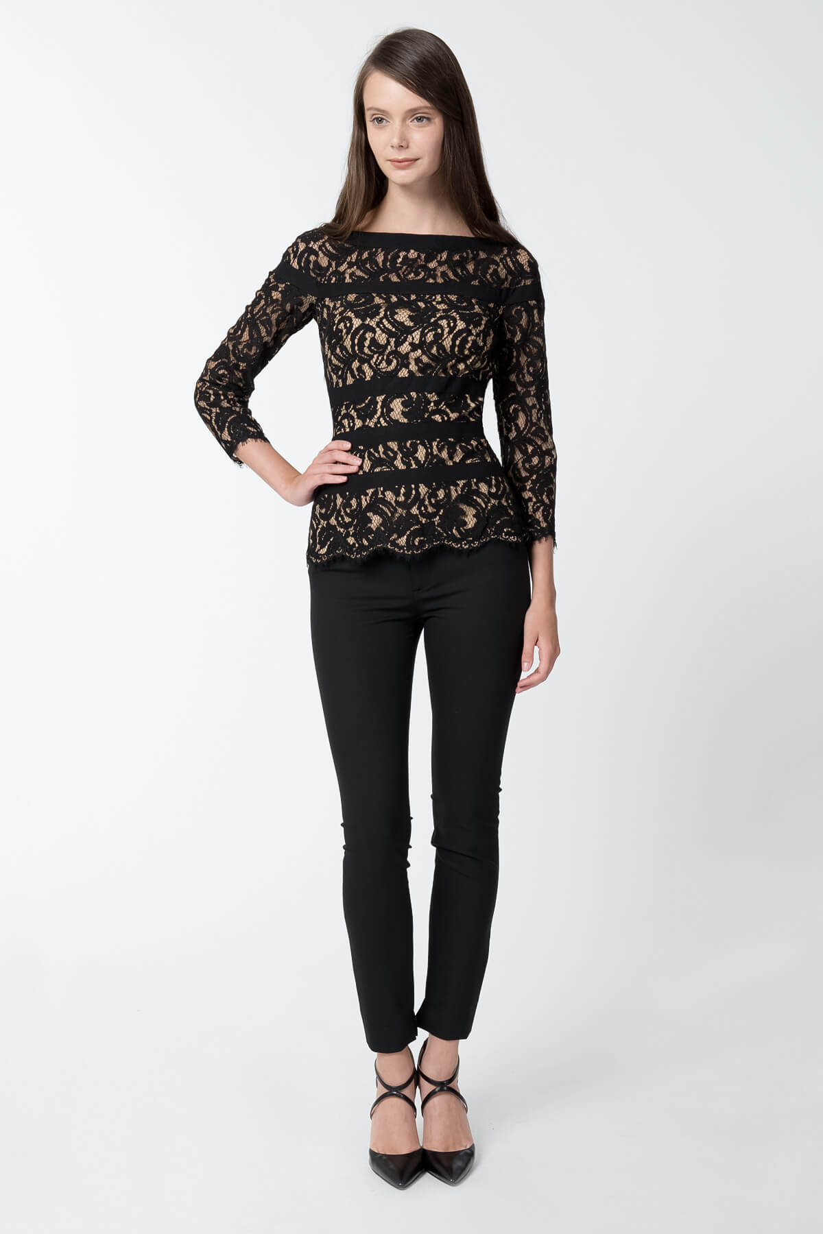 Lace 3/4 Sleeve Top in Black / Nude