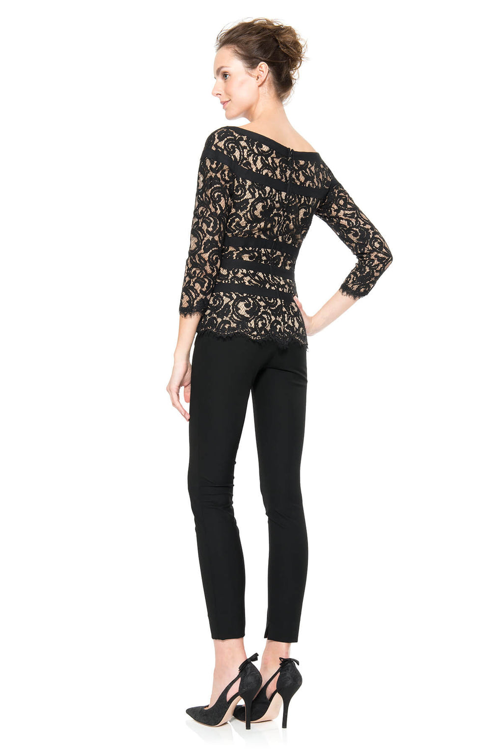 Lace 3/4 Sleeve Top in Black / Nude