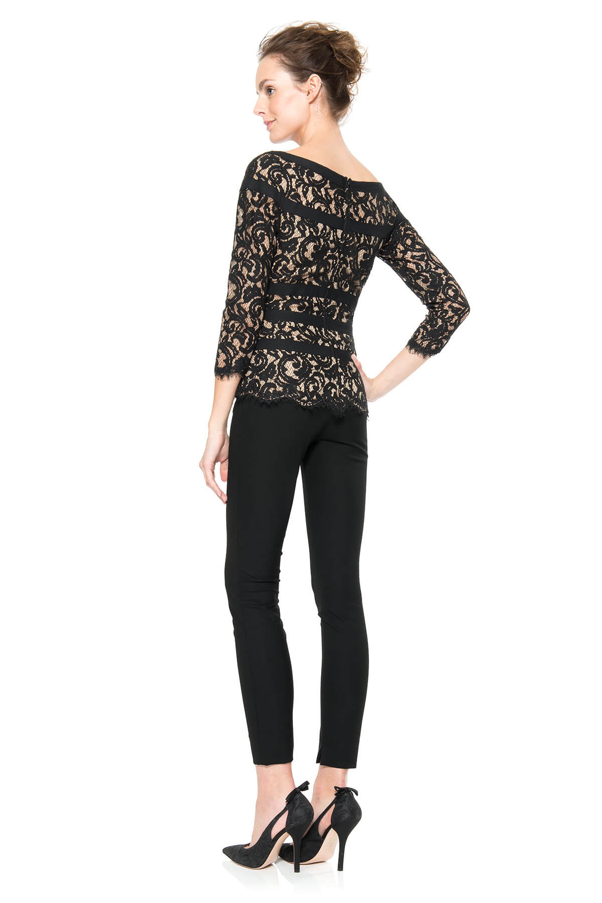 Lace 3/4 Sleeve Top in Black / Nude