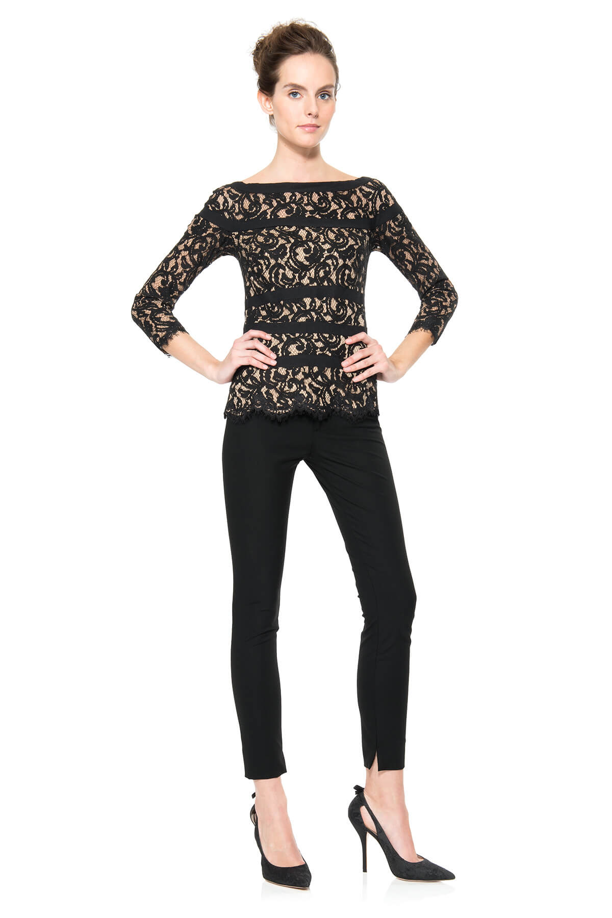 Lace 3/4 Sleeve Top in Black / Nude