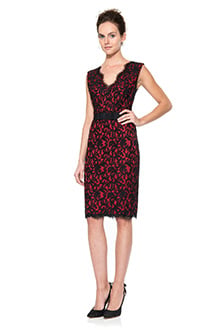 Lace V-Neck Dress with Grosgrain Ribbon Belt in Black / Peppermint