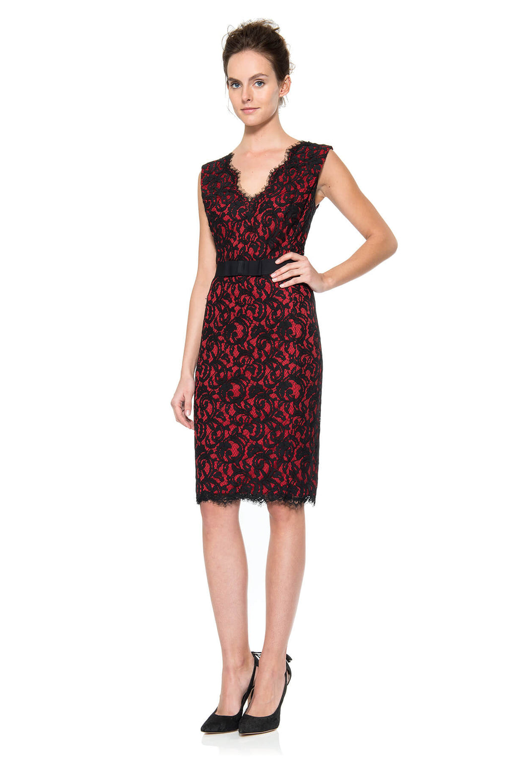 Lace V-Neck Dress with Grosgrain Ribbon Belt in Black / Peppermint
