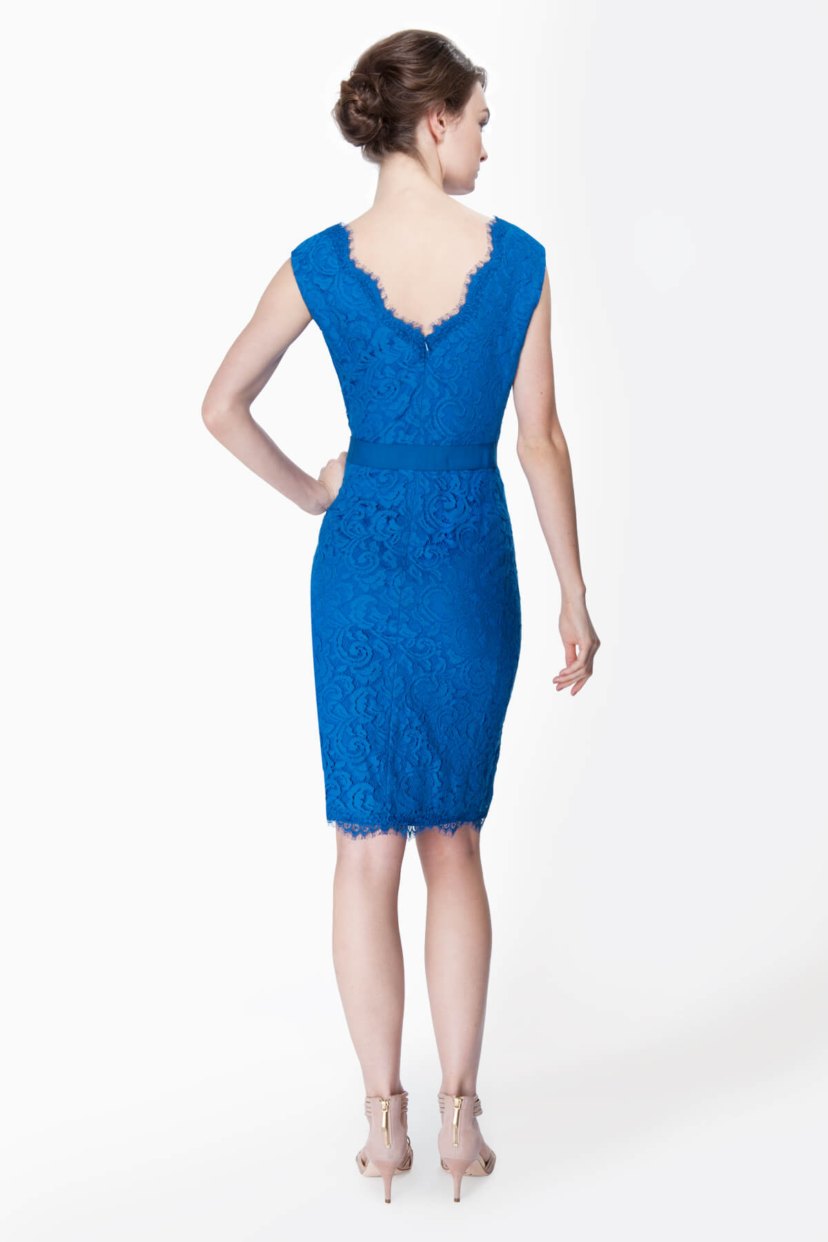 Lace V-Neck Dress with Grosgrain Ribbon Belt in China Blue