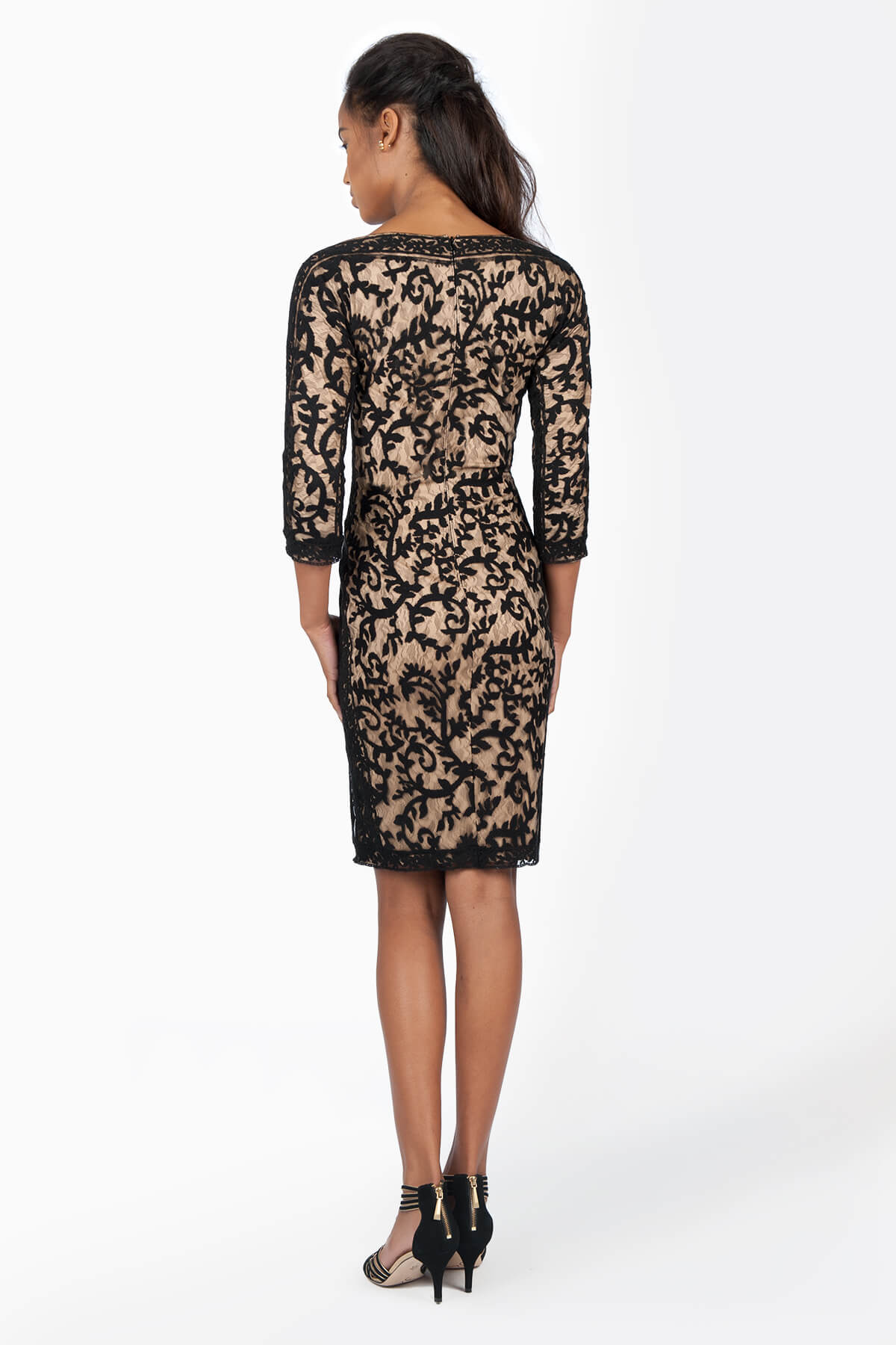 Embroidered Lace Boatneck ¾ Sleeve Panel Dress in Black / Nude