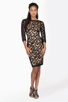Embroidered Lace Boatneck ¾ Sleeve Panel Dress in Black / Nude