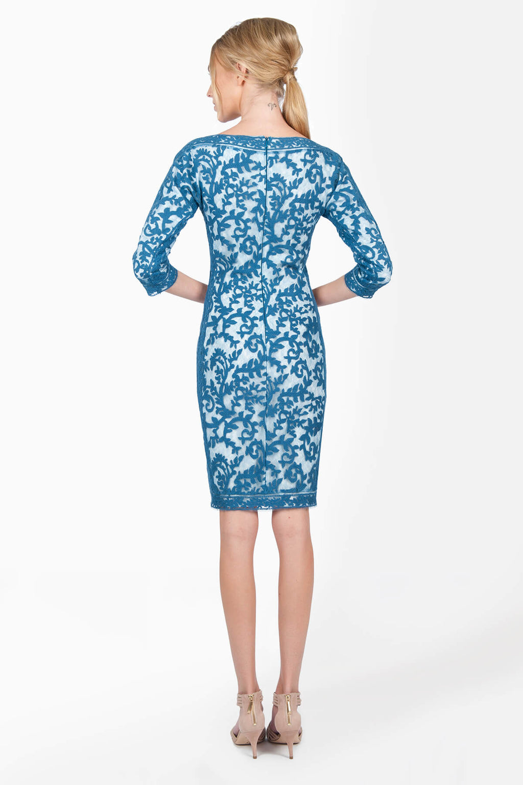 Embroidered Lace Boatneck ¾ Sleeve Panel Dress in Ocean Mist