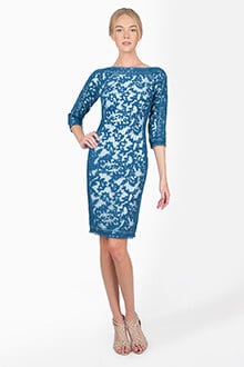 Embroidered Lace Boatneck ¾ Sleeve Panel Dress in Ocean Mist