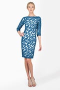 Embroidered Lace Boatneck ¾ Sleeve Panel Dress in Ocean Mist