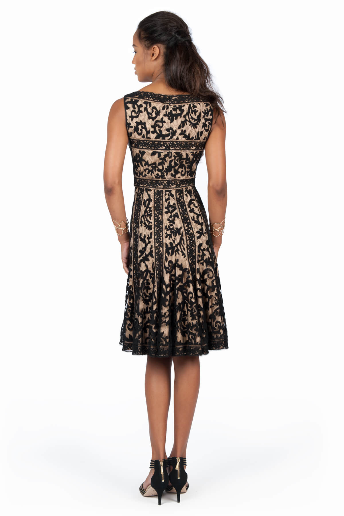 Embroidered Banded Lace Boatneck Dress in Black / Nude