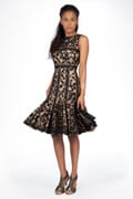 Embroidered Banded Lace Boatneck Dress in Black / Nude
