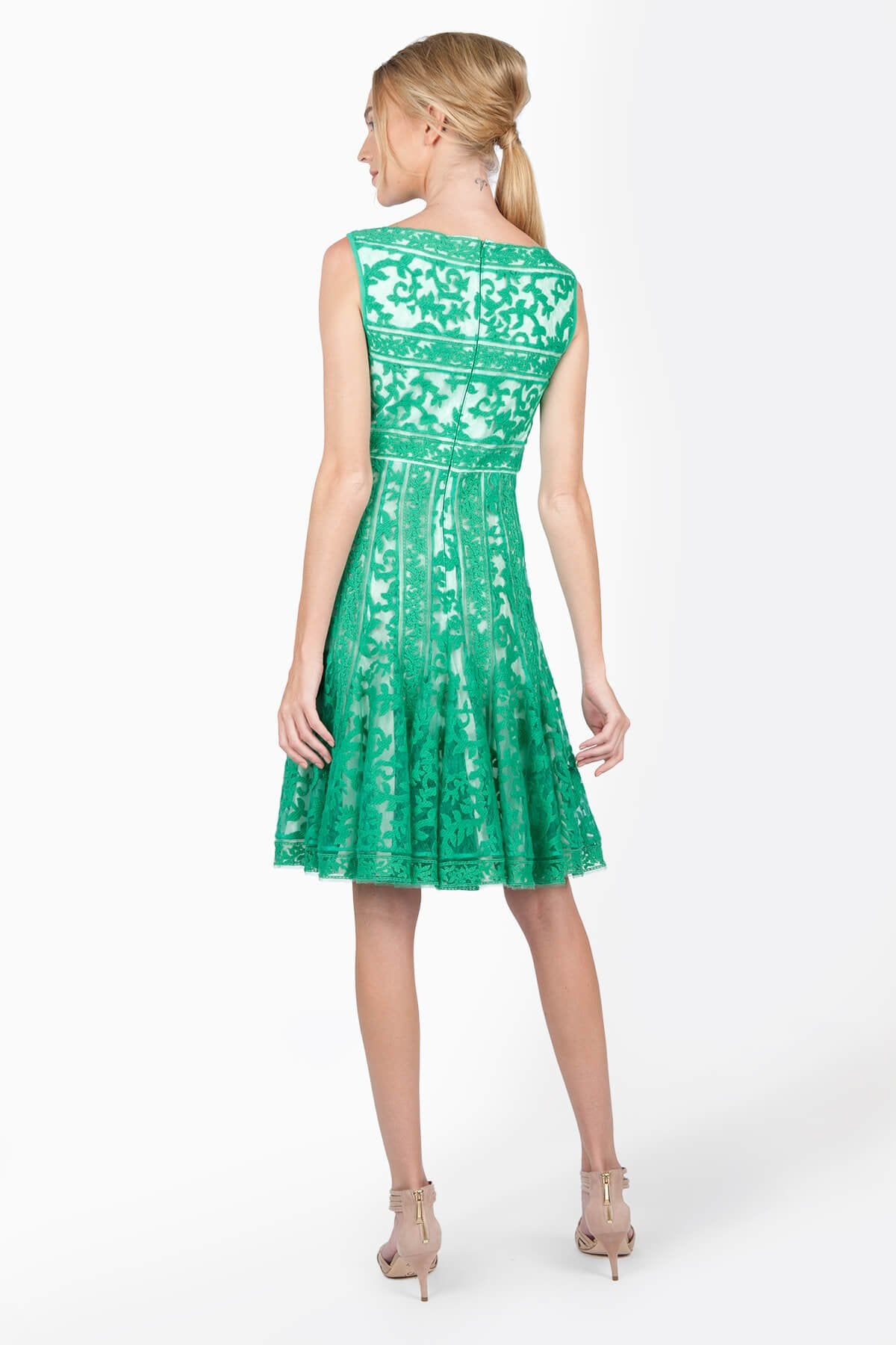 Embroidered Banded Lace Boatneck Dress in Cool Jade