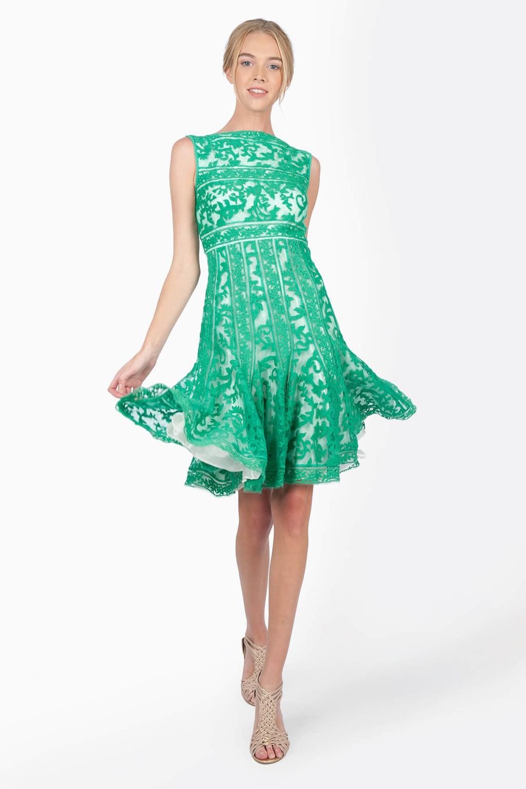 Embroidered Banded Lace Boatneck Dress in Cool Jade