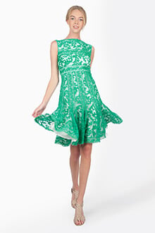 Embroidered Banded Lace Boatneck Dress in Cool Jade