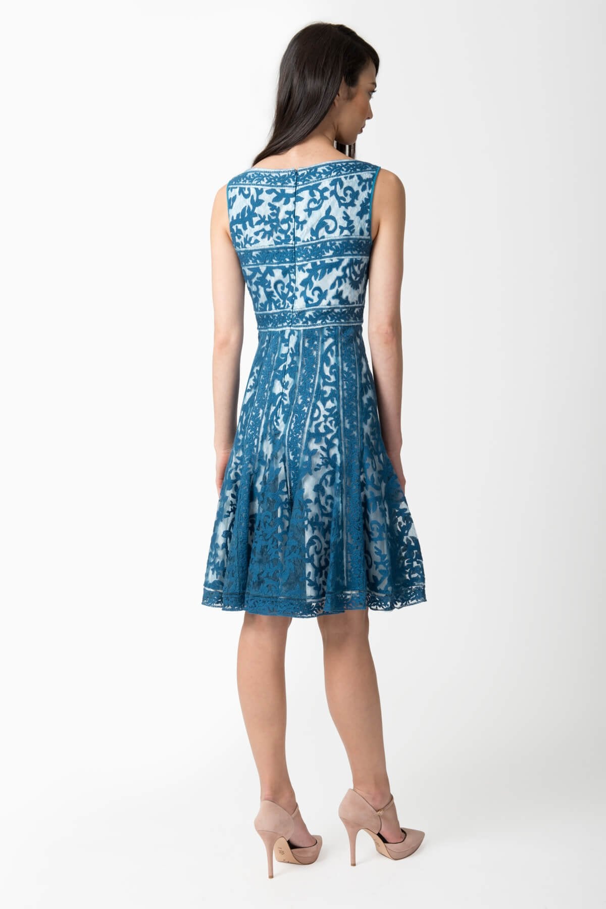 Embroidered Banded Lace Boatneck Dress in Ocean Mist