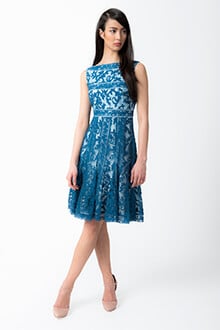 Embroidered Banded Lace Boatneck Dress in Ocean Mist