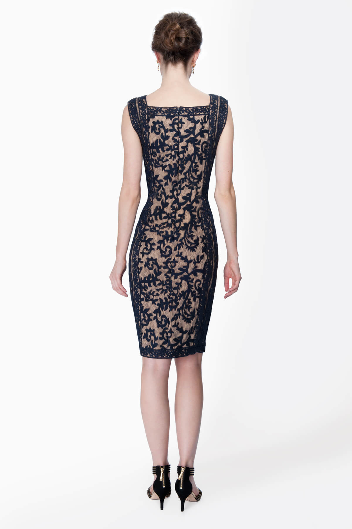 Embroidered Lace Panel Cocktail Dress in Navy / Nude