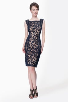 Embroidered Lace Panel Cocktail Dress in Navy / Nude