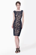 Embroidered Lace Panel Cocktail Dress in Navy / Nude