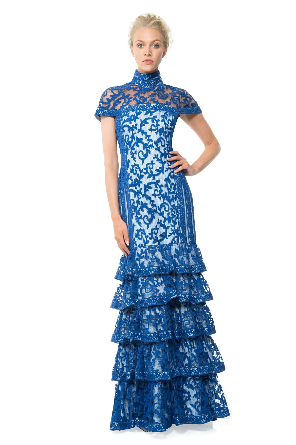 Tiered Embroidered Lace Gown