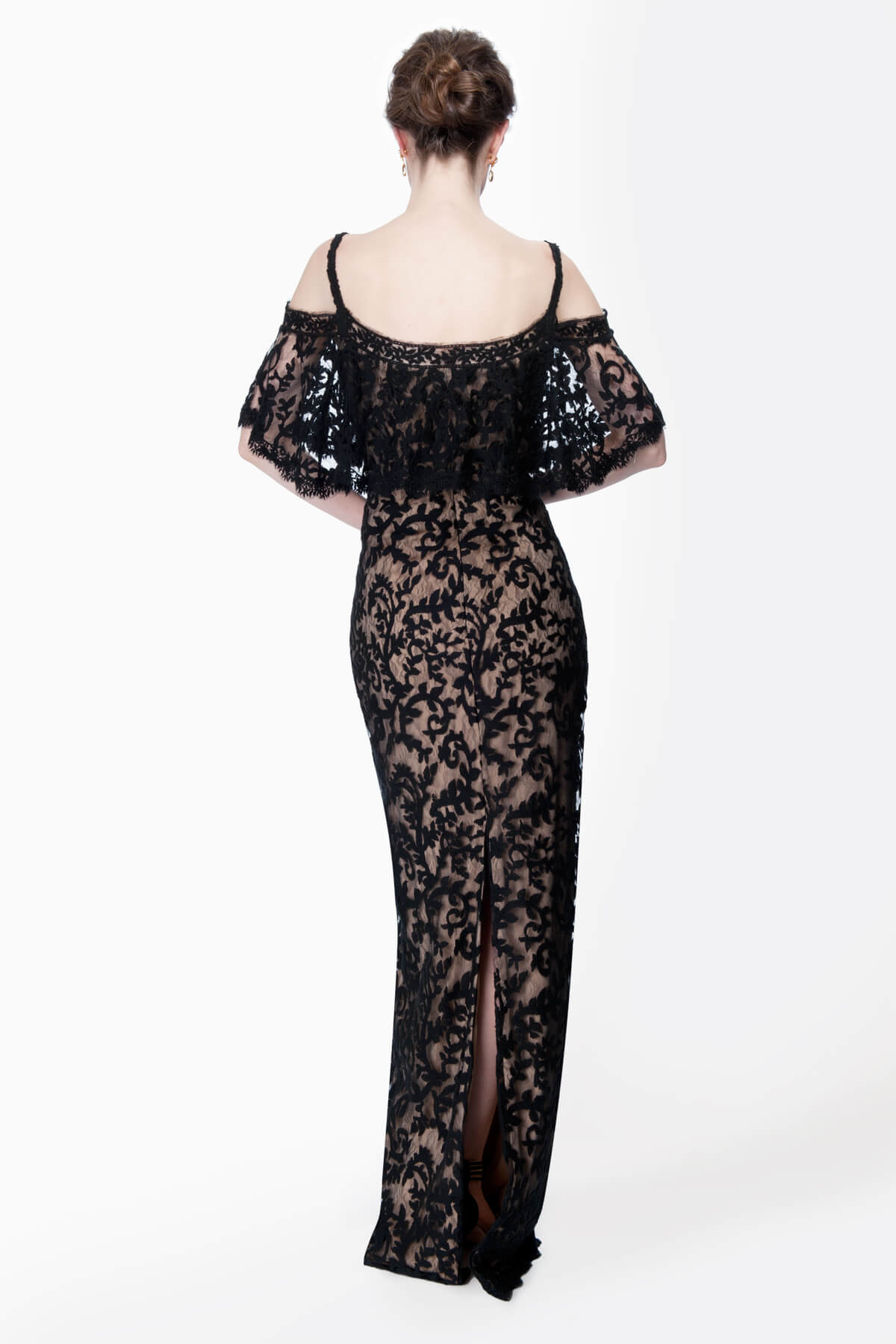 Embroidered Lace Cold Shoulder Gown in Black / Nude