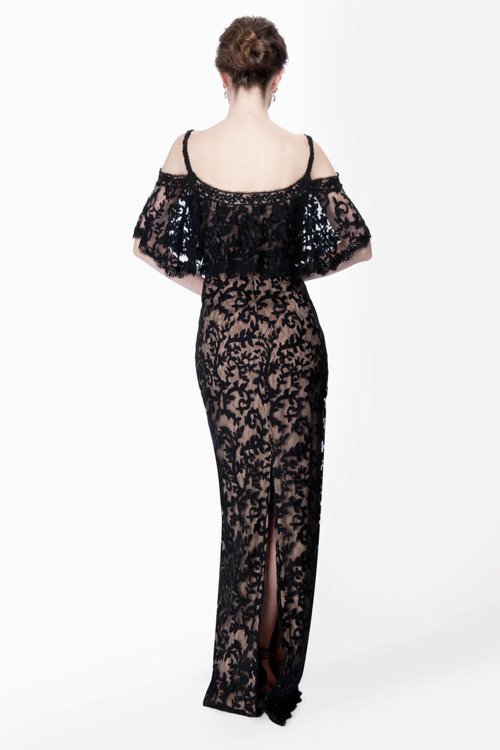 Embroidered Lace Cold Shoulder Gown in Black / Nude
