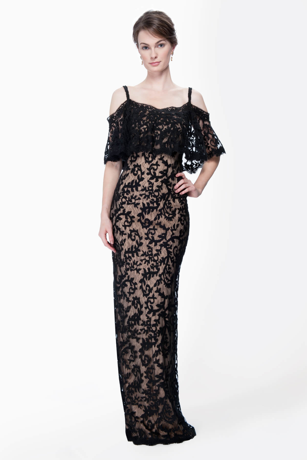 Embroidered Lace Cold Shoulder Gown in Black / Nude